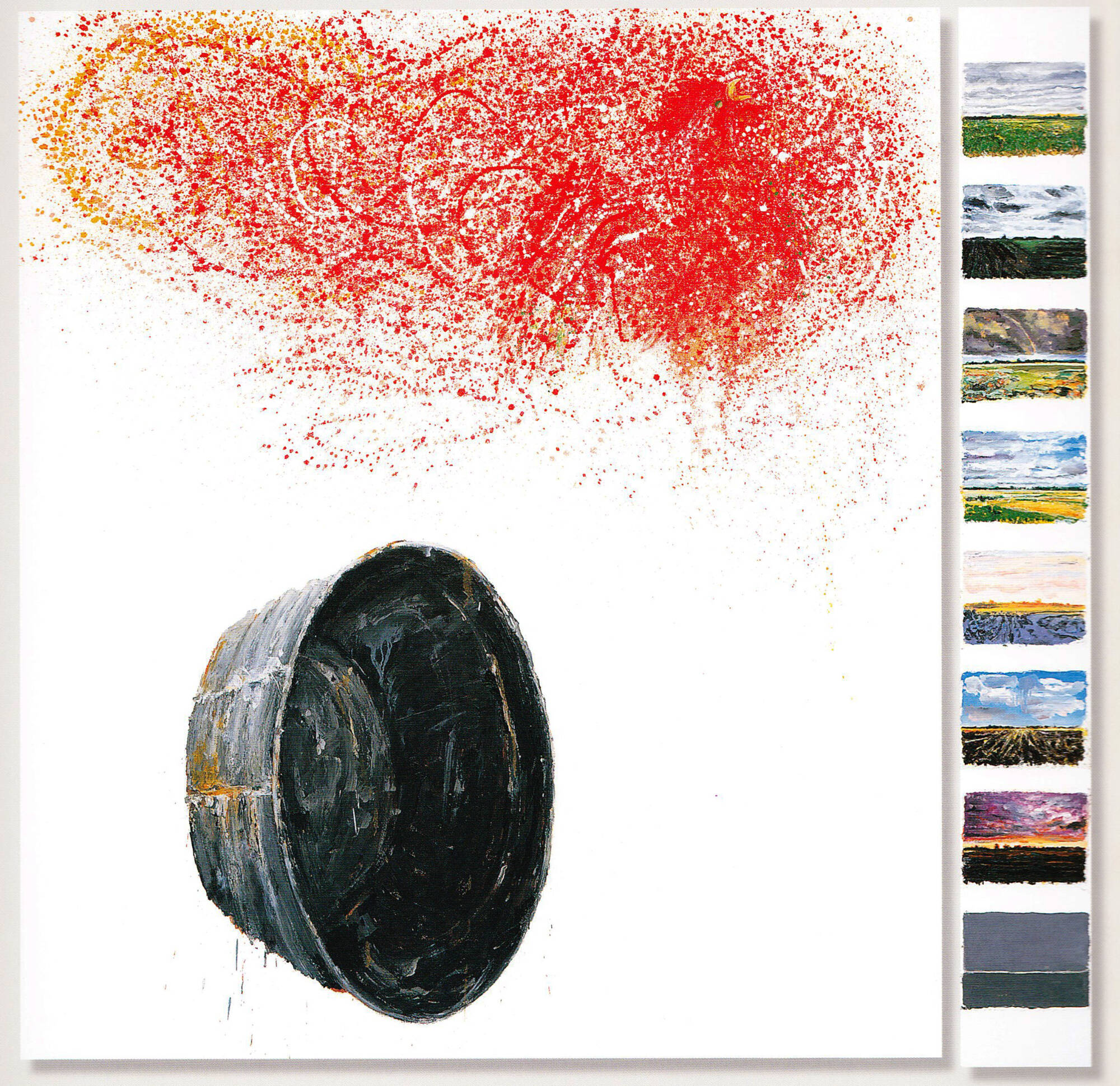 Two panel painting. Left panel is larger and has a metal bin on its side with s stormy red cloud above it. Right panel is skinny in comparison and has a series of eight mini landscapes stacked on top of each other.